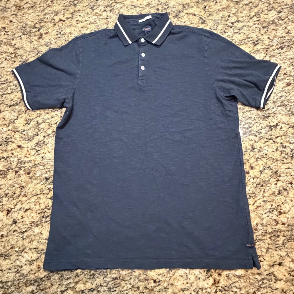 Good Man Brand Mens Navy Blue Slub Knit Tipped Short Sleeve Polo Shirt Large ws